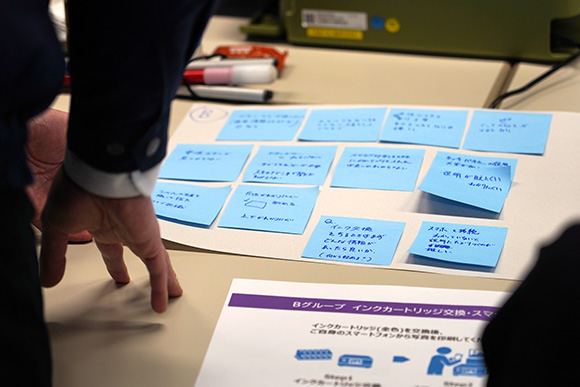 アイデアを記載した複数の付箋が用紙に貼られている